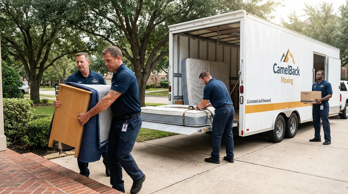Crew loading residential truck for cross-state move from Cherry Valley, IL