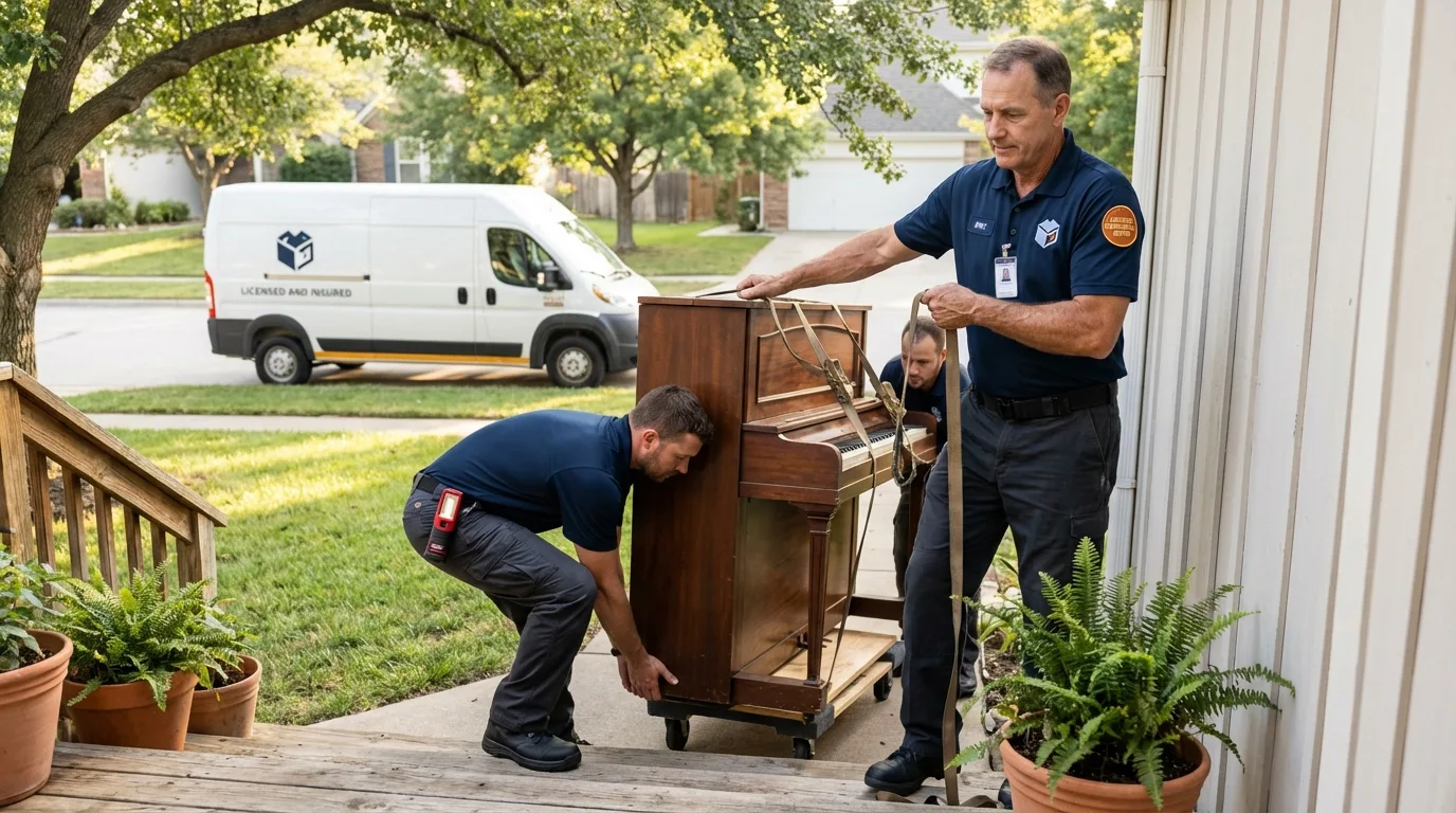 Licensed piano movers securing grand piano in Cherry Valley, IL