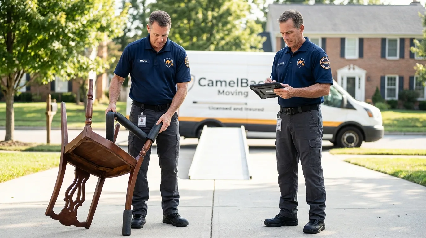 Movers inspecting furniture for damage prevention before loading in Cherry Valley, IL