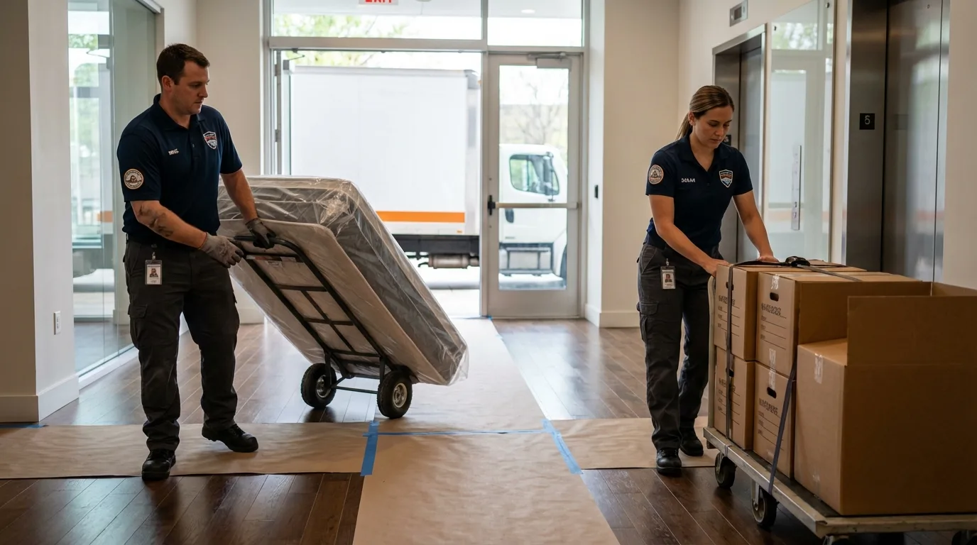 Professional apartment movers loading elevator in Cherry Valley, IL